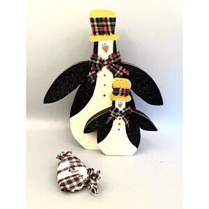 Winter Holiday Wooden Penguin Shelf Sitter 9.5” & Fabric Snowman Pin Handmade